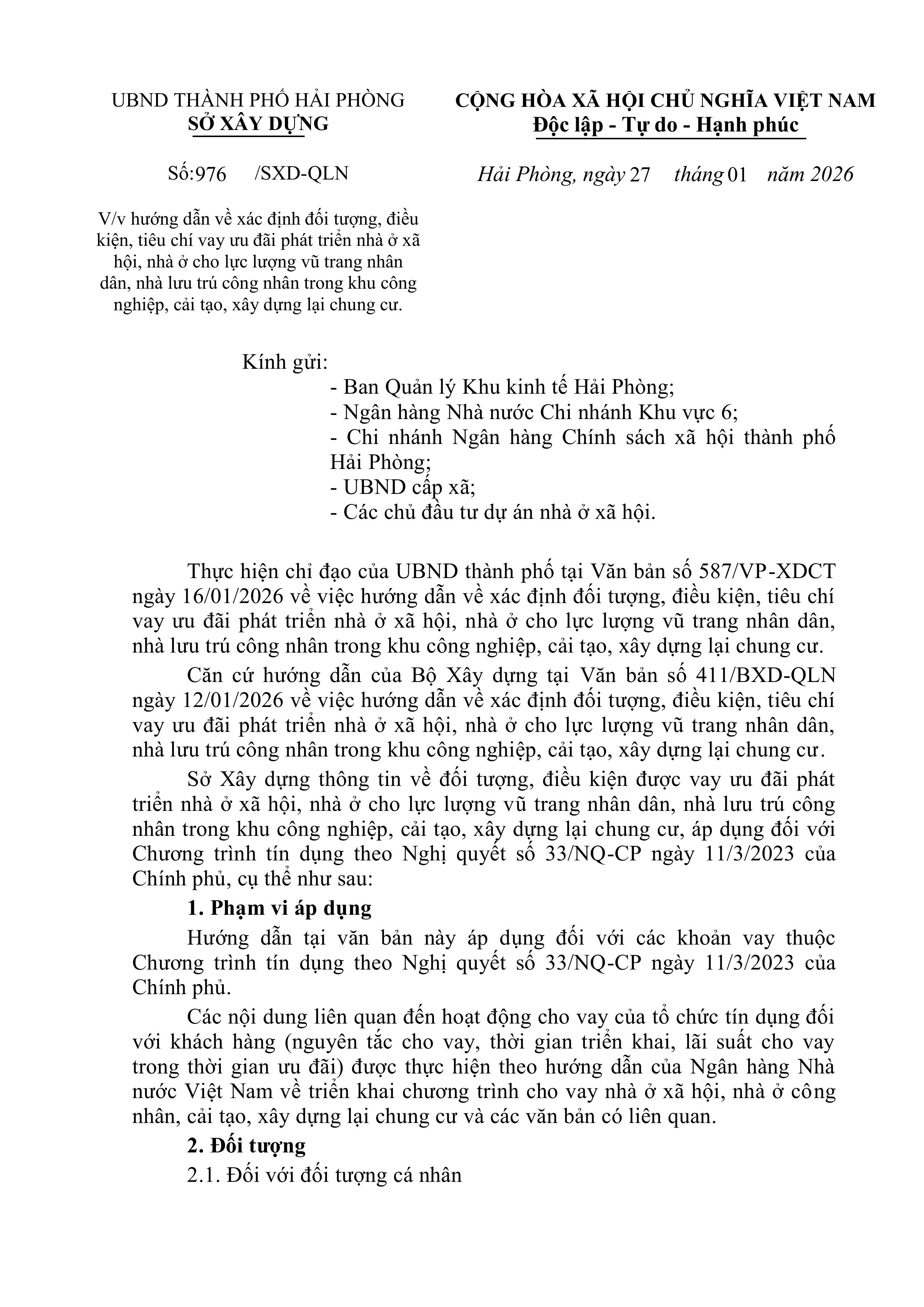 V/v hướng dẫn vay ưu đãi phát triển nhà ở xã hội